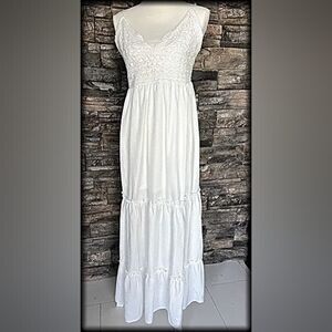 SAY WHAT? Women's White BOHO Crochet Tiered Maxi Dress size Large